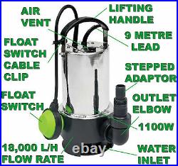 1100W Submersible Pump Clean or Dirty Water Use for Ponds Floods Pools & Gardens