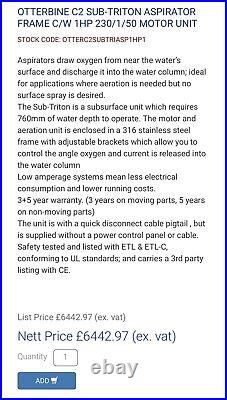 1x Otterbine Sub-Triton 1HP Aspirator Pond & Lake Aerator. RRP £7700. Fishery