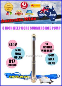 3 Inch 3/4 HP Stainless Steel Submersible Bore Water Pump + 30M Cable WARRANTY