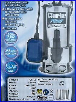 Clarke Stainless Steel Dirty Water Submersible Pump 1100 Watt 258 L/min Pvp11a