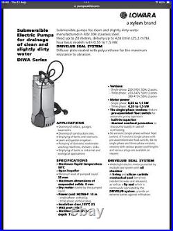 Lowara DIWA Submersible Drainage Dirty Water pump DIWA05/BSG 0,55KW 0,75HP 230V