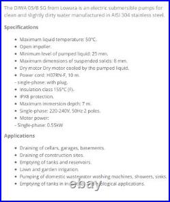 Lowara DIWA Submersible Drainage Dirty Water pump DIWA05/BSG 0,55KW 0,75HP 230V