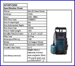 Mylek Electric Submersible Pump 240V 750W With Heavy Duty 25M Hose Flood Pool