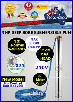New Model 3 HP S/Steel Submersible Bore Water Pump with 30M Cable