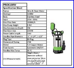 ProKleen Submersible Electric Water Pump 1100w With 5M Hose Clean & Dirty
