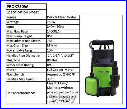 ProKleen Submersible Water Pump 750W 25M Heavy Duty Hose Electric Clean & Dirty