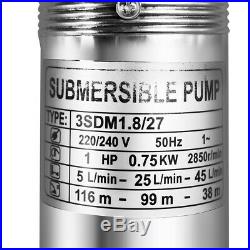Submersible Well Water Pump 110m 3000 L/H SAND RESISTANT +CABLE 20m