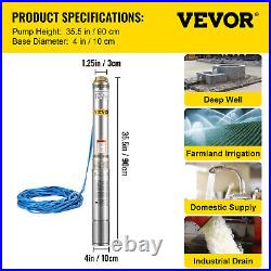 VEVOR 4 1HP Borehole Well Pump Deep Well Pump Submersible Pump With 20m Cable